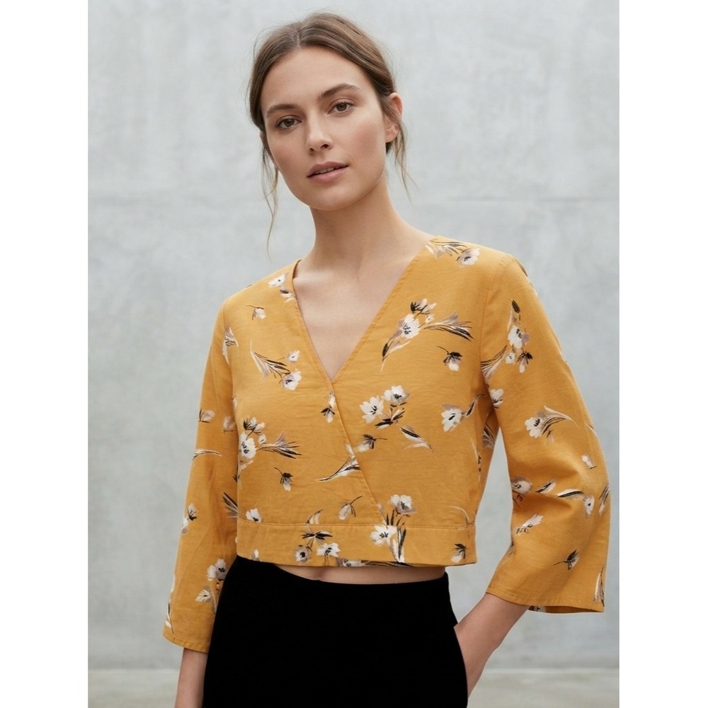 Bishop + Young Floral Mustard Yellow Faux Wrap Cropped V-Neck Top Large